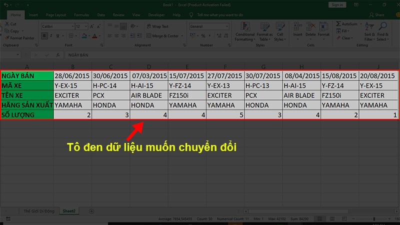 Mở file Excel có chứa dữ liệu bạn muốn chuyển cột thành hàng > Tô đen toàn bộ dữ liệu trong file Excel bạn cần chuyển đổi.
