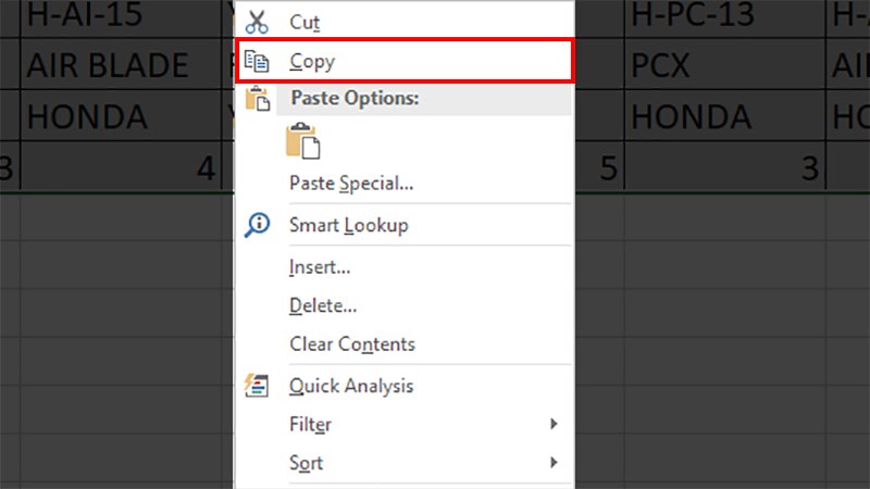 Nhấp chuột phải vào vùng được tô đen > Chọn Copy hoặc nhấn Ctrl + C