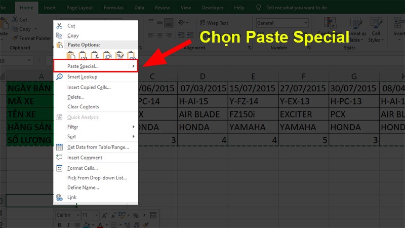 Chọn 1 ô bất kỳ > Nhấn chuột phải > Chọn Paste Special