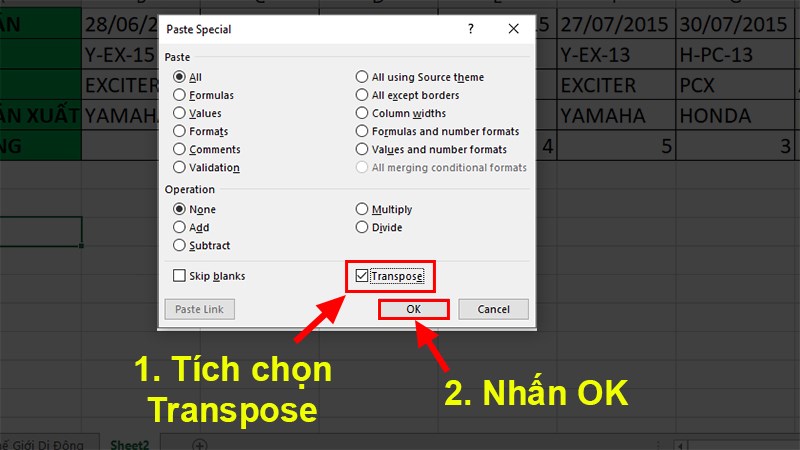 Hộp thoại Paste Special hiện lên > Chọn Transpose > Nhấn OK