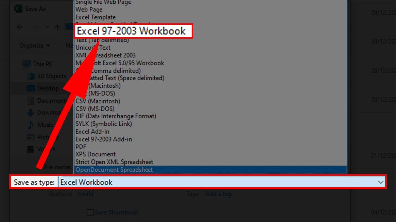 Ở mục Save as type > Nhấn vào thanh màu xám và chọn Excel 97-2003 Workbook