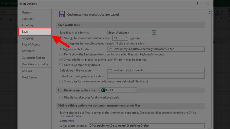Hộp thoại Excel Options hiện lên > Chọn mục Save