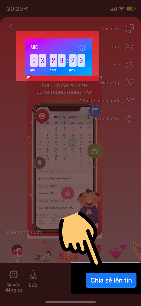 Nhấn Chia sẻ lên tin