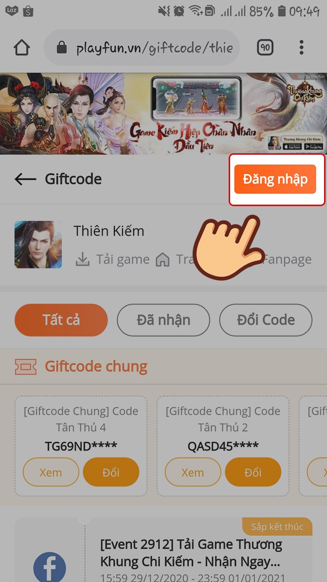 Truy cập trang web nhập code Thiên Kiếm, chọn Đăng nhập