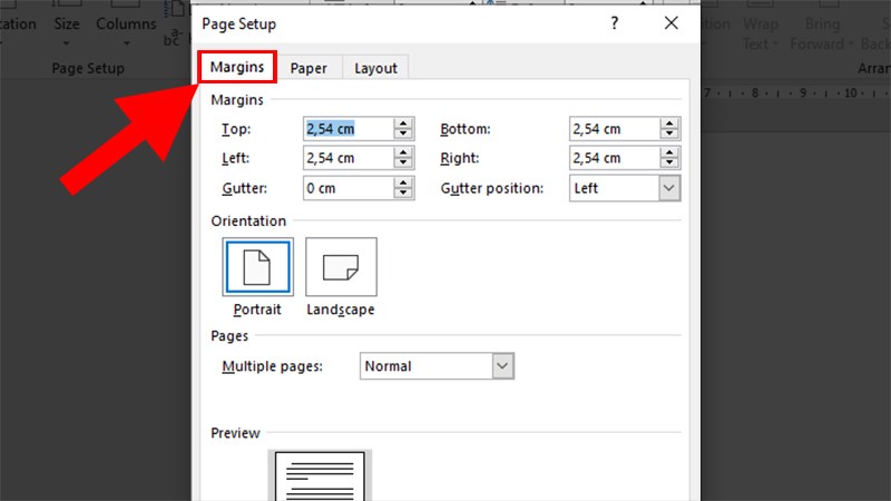 Hộp thoại Page Setup hiện lên > Chọn thẻ Margins (Căn lề)