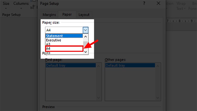 Ở mục Paper size > Nhấn vào mũi tên hướng xuống > Chọn A4&nbsp;> Nhấn OK