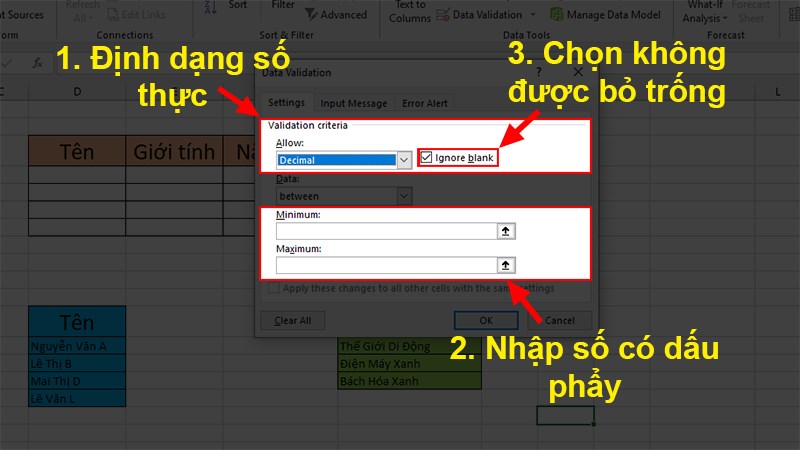 Decimal: Số thực (có dấu phẩy)