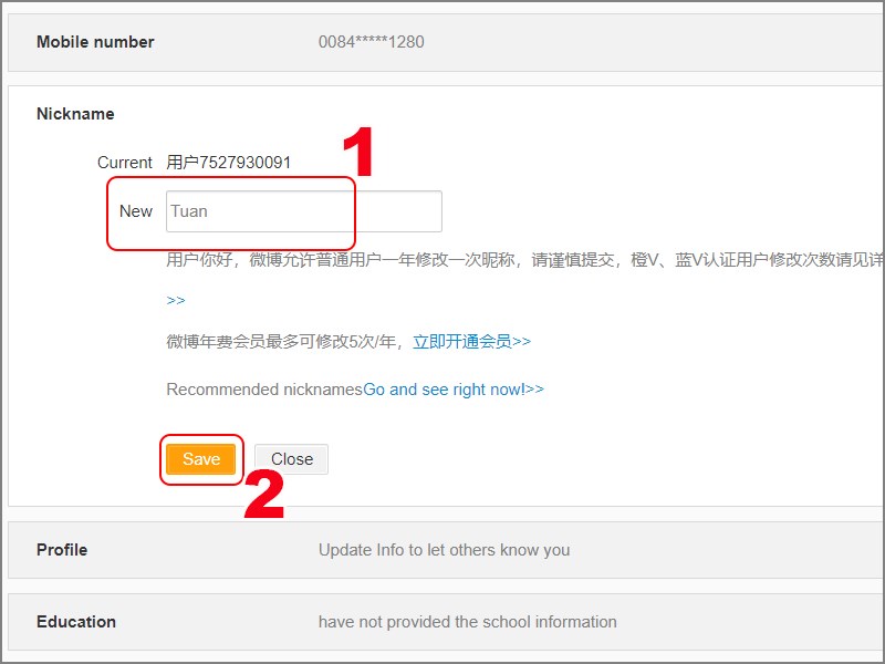 Đổi tên tài khoản Weibo