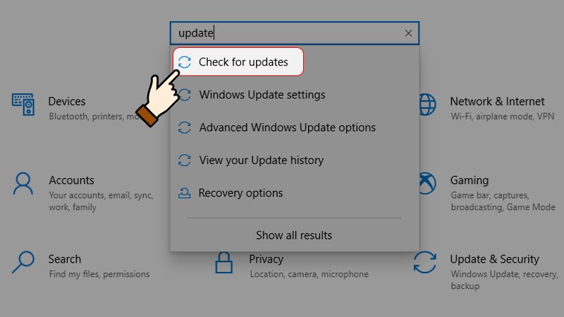 Gõ "update" vào khung tìm kiếm > Nhấn chọn Check for updates