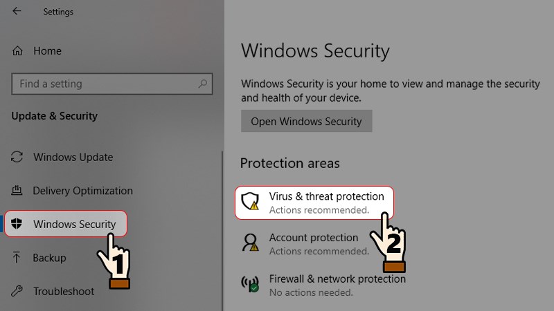 Chọn mục Windows Security > Nhấn chọn Virus & threat protection