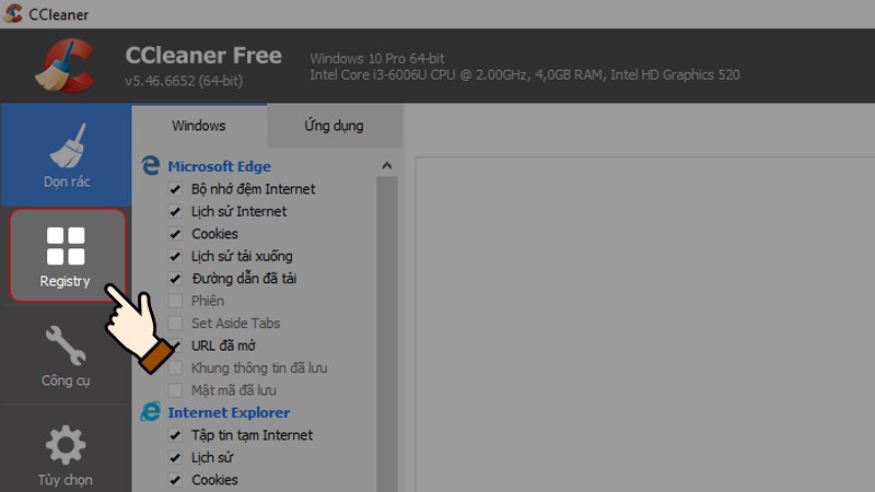 Mở ứng dụng CCleaner > Nhấn chọn mục Registry