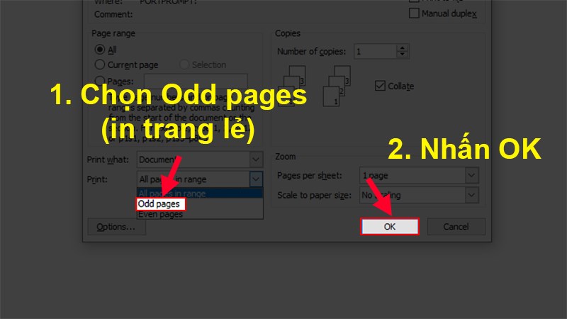 Chọn Odd pages > Nhấn OK