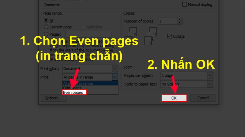 Chọn Even pages > Nhấn OK