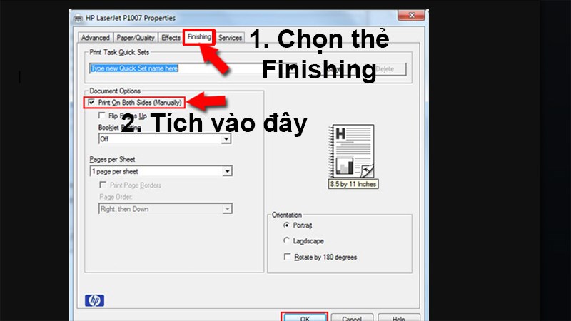Chọn thẻ Finishing > Tích vào Print On Both Sides (Manually)