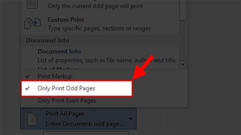 Ở danh sách hiện ra chọn Only Print Odd Pages > Nhấn Print