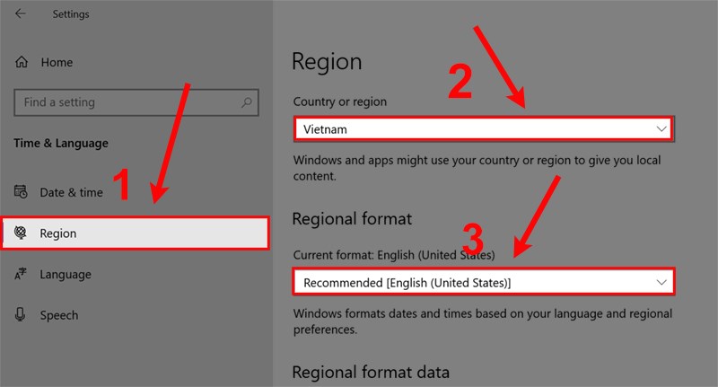 Chọn Region, tùy chỉnh vị trí địa lý hiện tại và định dạng chính xác cho ngày và giờ.