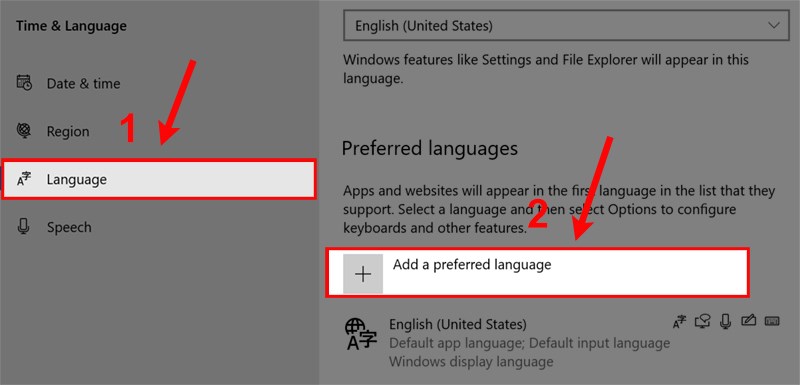 Chọn Language và chọn Add a preferred language.