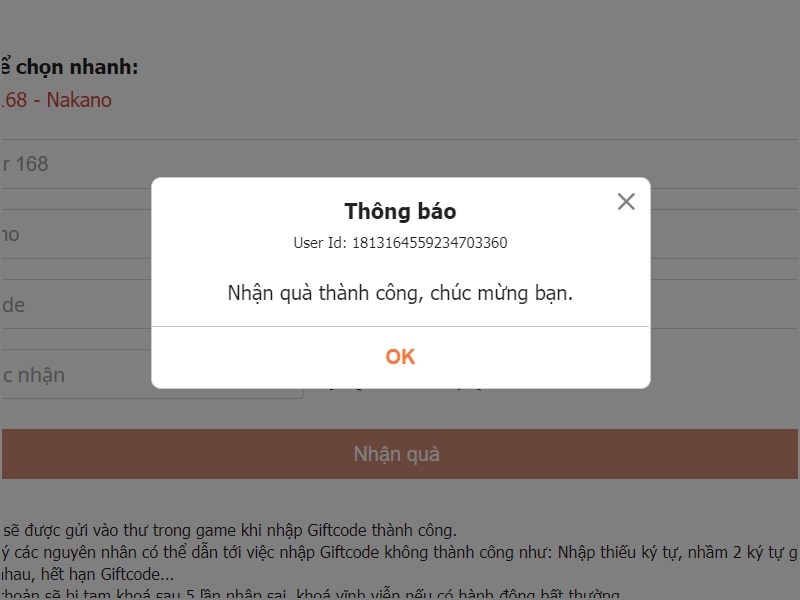 Thông báo nhận thưởng thành công