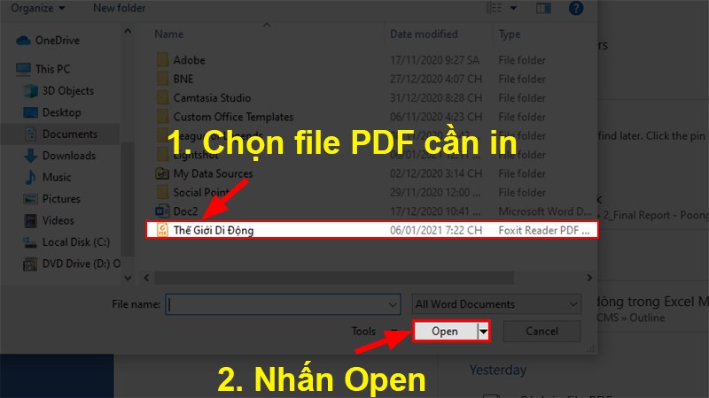 Chọn file PDF cần in > Nhấn Open