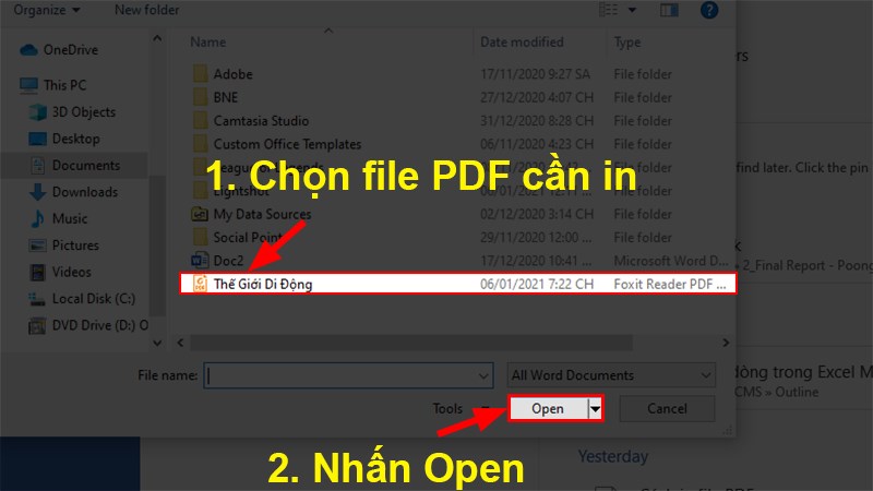 Chọn file PDF cần in > Nhấn Open