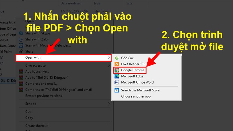 Nhấp chuột phải vào file PDF bạn muốn in > Chọn Open with > Chọn trang Web bạn muốn thực hiện (ở đây mình sử dụng Google Chrome)