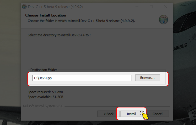Chọn nơi cài đặt Dev C và bấm Install