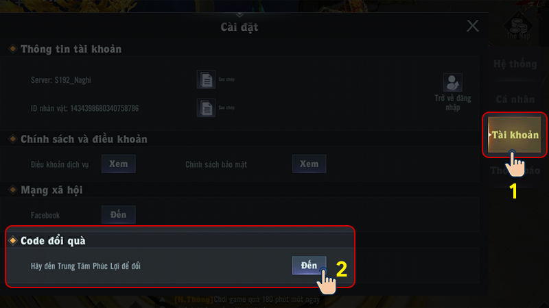 Chọn T&agrave;i khoản v&agrave; nhấn Đến