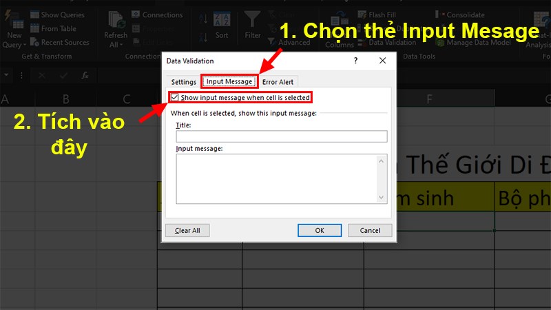 Chọn thẻ Input Message > Tích chọn Show input message when cell is selected