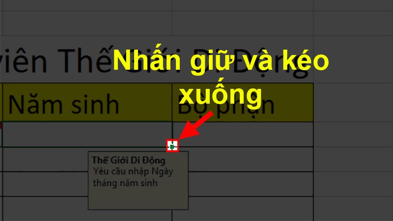 Nhấn giữ ô vuông nhỏ ở góc phải của ô và kéo xuống
