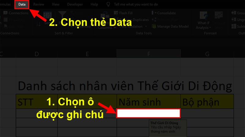 Chọn ô đã được ghi chú > Chọn thẻ Data