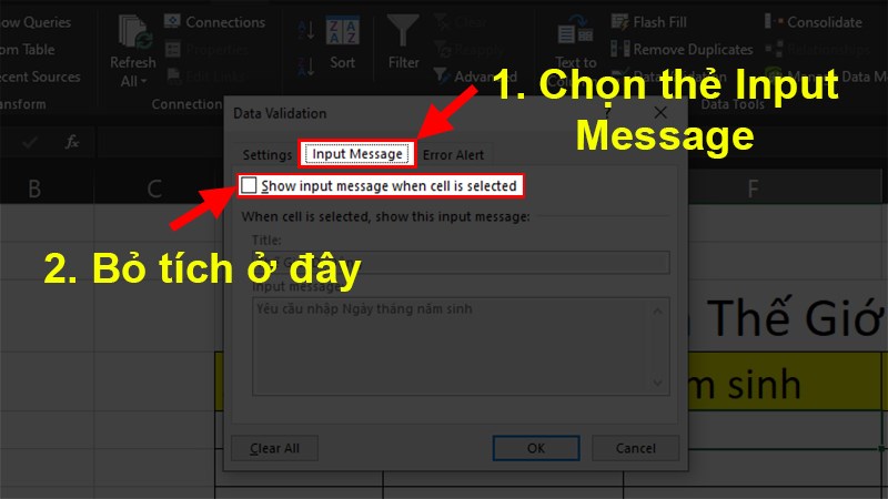 Ở hộp thoại hiện lên > Chọn thẻ Input Message > Bỏ tích chọn&nbsp;Show input message when cell is selected.