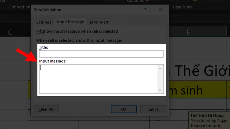 Xóa toàn bộ ký tự bạn đã thêm vào phần Title và Input Message