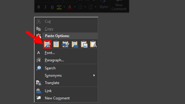  Chuyển sang file Word > Nhấn chuột phải > Chọn Keep Source Formatting