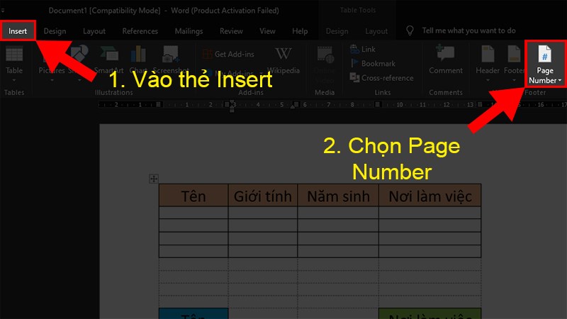 Bạn vào thẻ Insert > Chọn Page Number và tiến hành đánh số trang