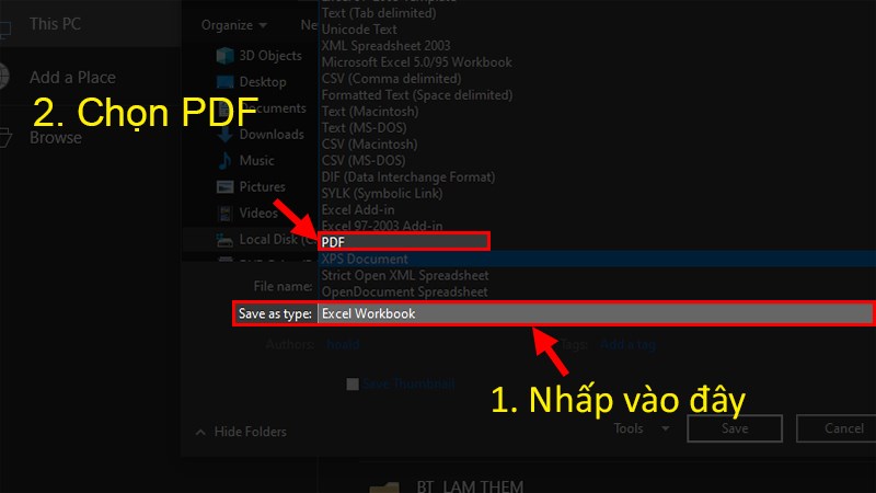 Hộp thoại Save As hiện lên > Ở mục Save as type > Chọn PDF