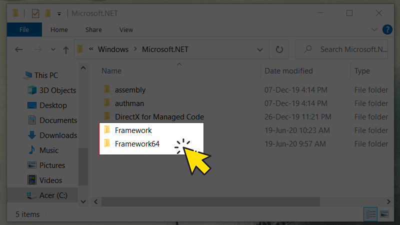 Tìm thư mục Framework và Framework64