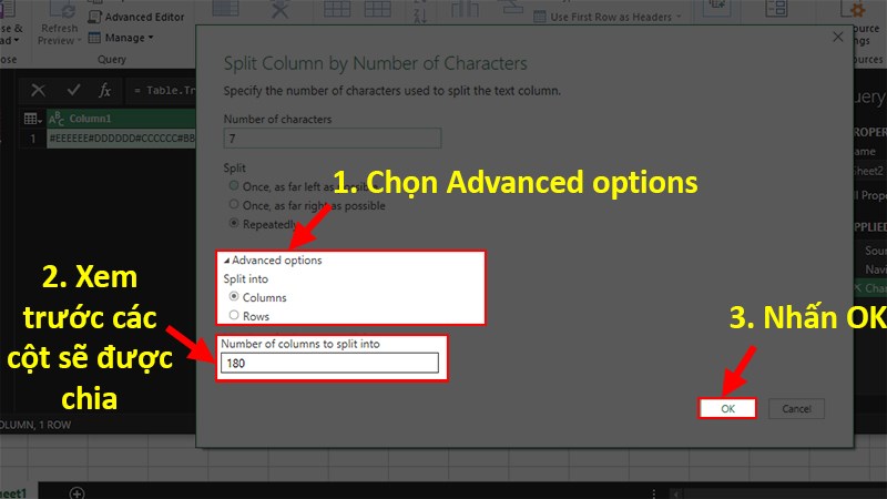 Chọn Advanced options > Chọn kiểu cột (column) hoặc dòng (row) > Nhấn OK