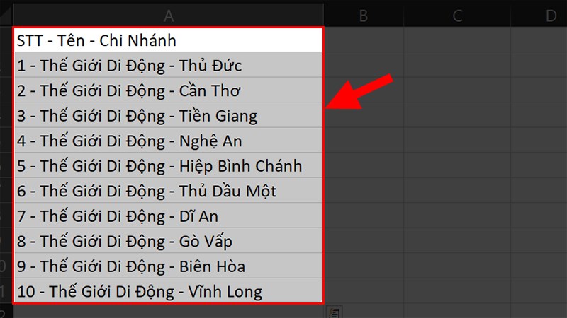 Mở file Excel cần chia cột > Tô đen vùng dữ liệu cần chia.