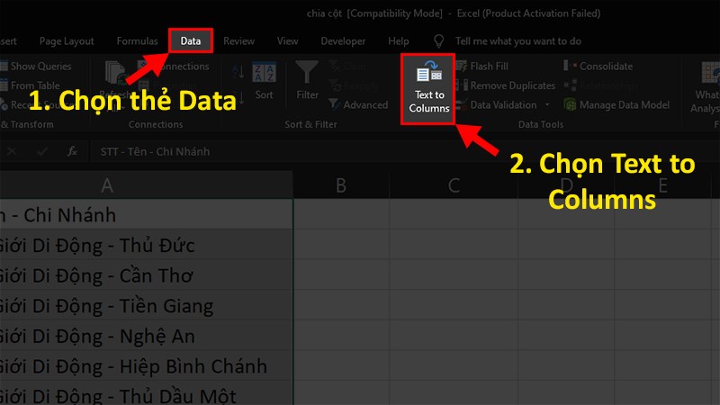 Chọn thẻ Data&nbsp;> Chọn Text to columns
