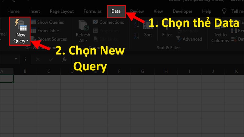 Mở file Excel mới > Chọn thẻ Data