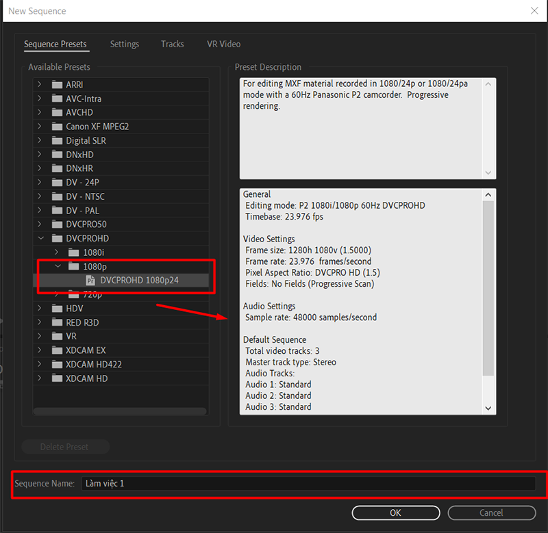 Tạo Sequence trong Adobe Premiere