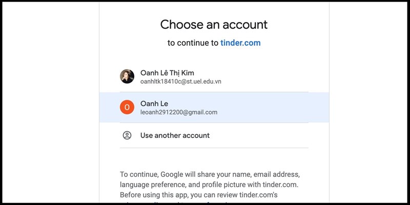 Sử dụng tài khoản Google (hoặc Facebook nếu đang nhập bằng Facebook)