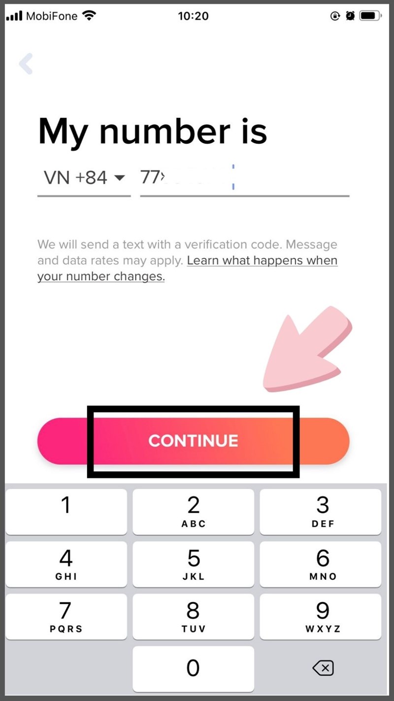 Nhập số điện thoại của bạn và chọn Tiếp Tục
