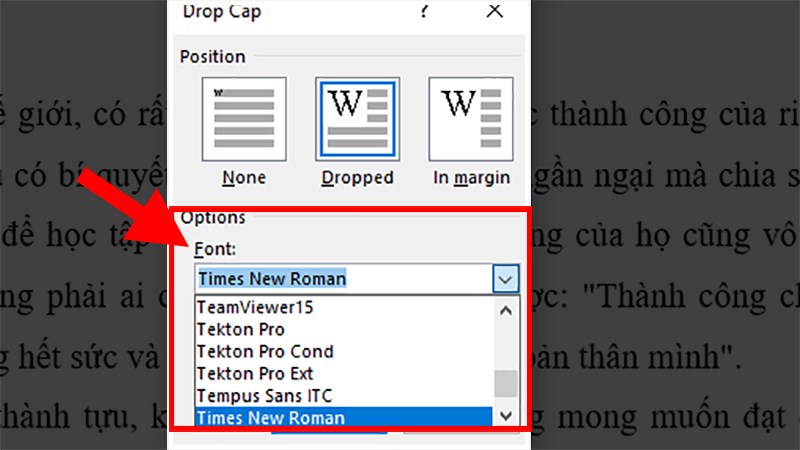 Ở phần Options mục Font > Chọn Font chữ cho Drop Cap