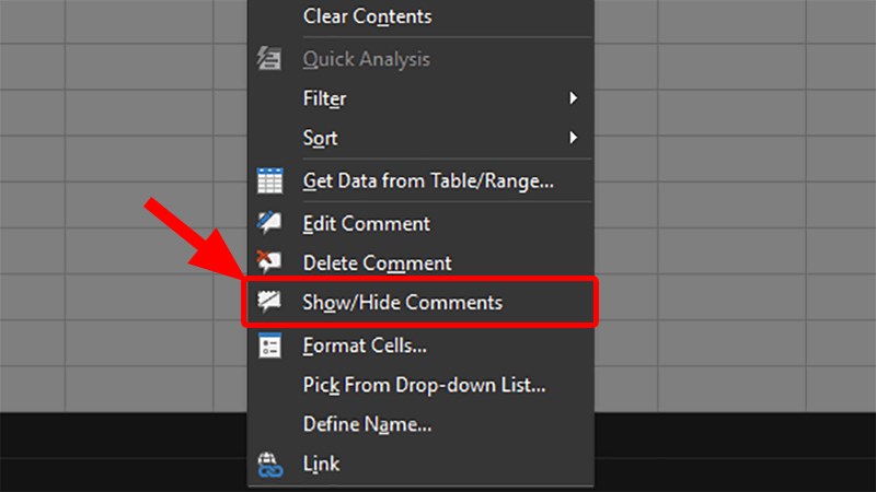 Nhấp chuột phải vào ô có chứa Comment trong Excel > Chọn&nbsp;Show/Hide Comment&nbsp;để&nbsp;hiện Comment