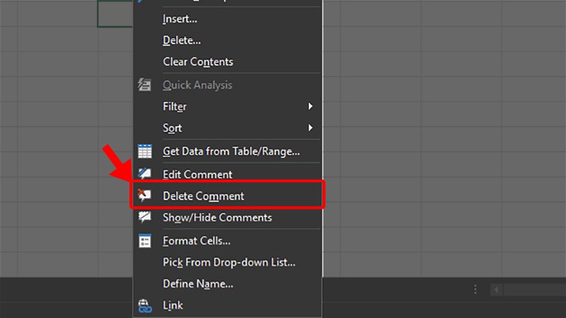 Nhấn chuột phải vào ô có chứa Comment trong Excel > Chọn Delete