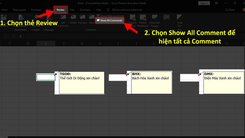 Để hiện toàn bộ Comment bạn chọn ô chứa Comment > Chọn thẻ Review > Chọn Show All Comment.