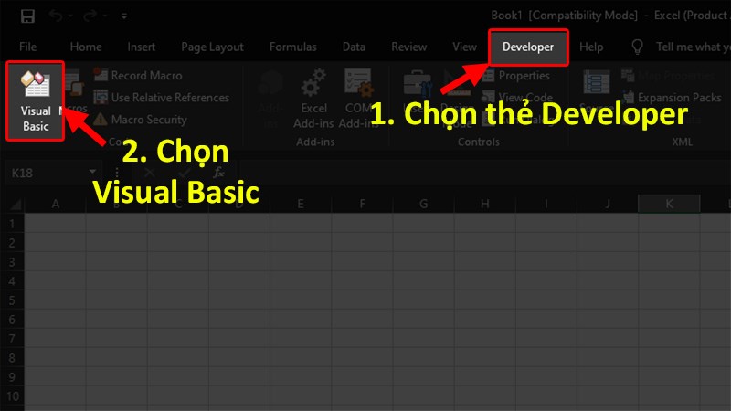 Chọn thẻ Developer > Chọn Visual Basic (hoặc nhấn tổ hợp phím Alt + F11)