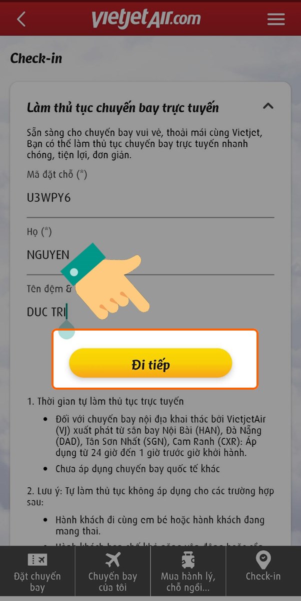 Điền các thông tin cần thiết và nhấn phím Đi tiếp