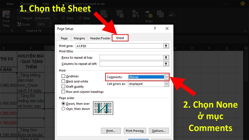 Chọn thẻ Sheet > Chọn None ở mục Comments
